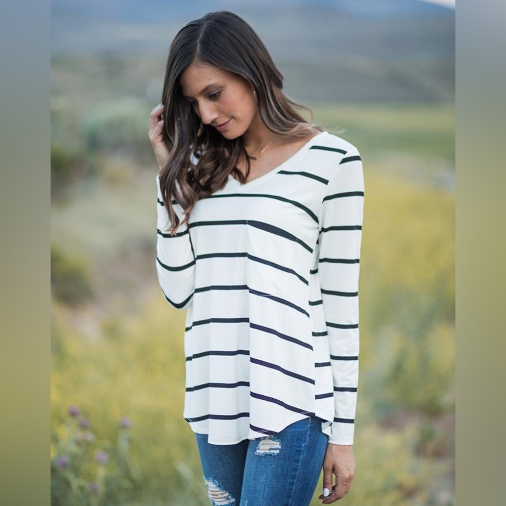 Grace & Lace White with Black Stripe Long Sleeve Perfect Pocket Tee